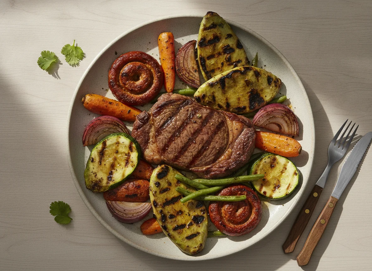 Bistec con nopales y verduras asadas photo