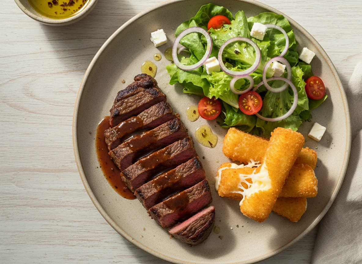 Bistec con palitos de queso y ensalada photo