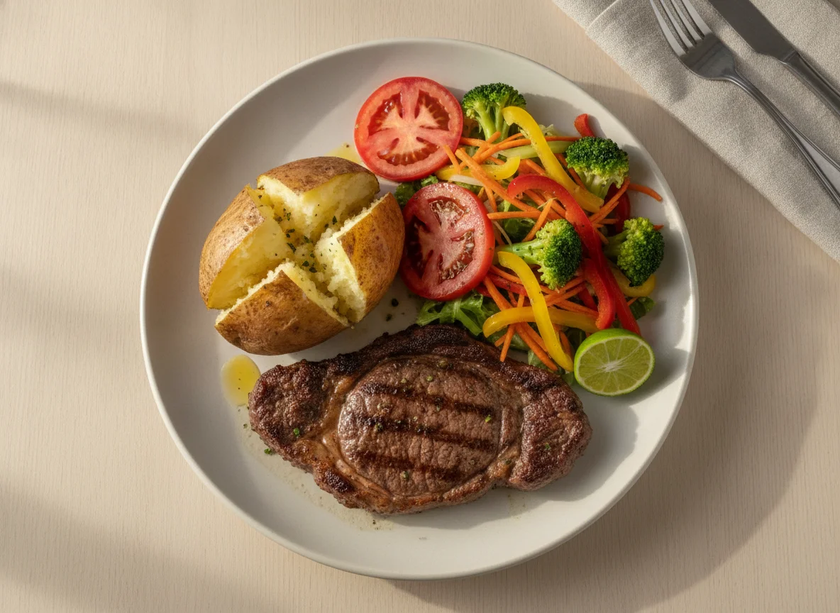 Bistec con papa asada y ensalada mixta photo