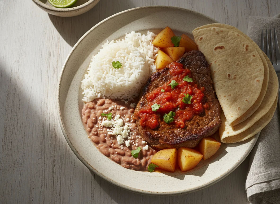 Bistec con papas acompañado de arroz, frijoles y tortilla photo