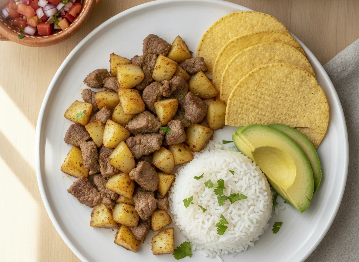 Bistec con papas, arroz, aguacate y tostadas Salmas photo