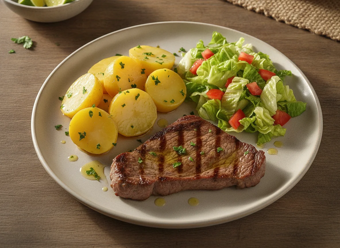 Bistec con papas cocidas y ensalada photo