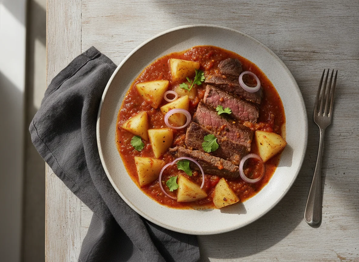 Bistec con papas en salsa roja photo