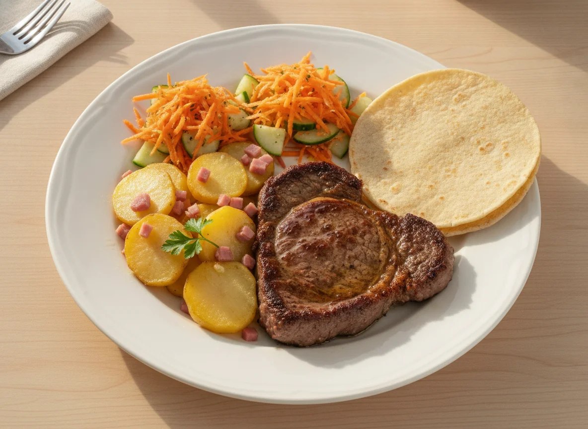Bistec con papas, ensalada y tortilla photo