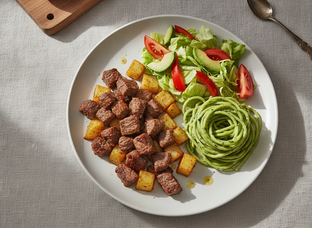 Bistec con papas, espagueti verde y ensalada photo