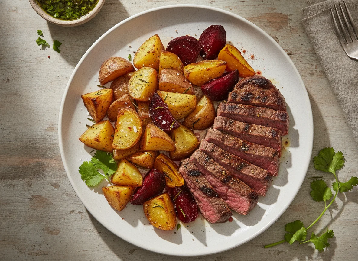 Bistec con papas rústicas y betarragas asadas photo
