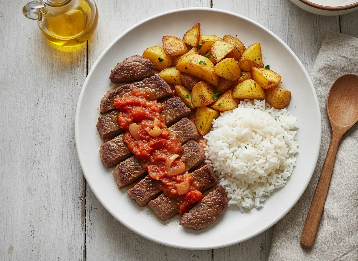 Bistec con papas y arroz blanco photo