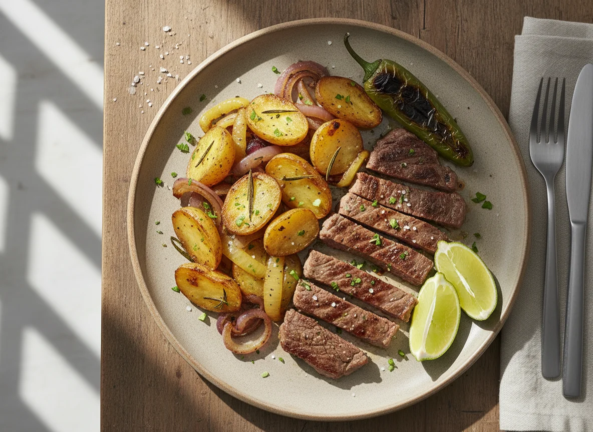 Bistec con papas y cebolla photo