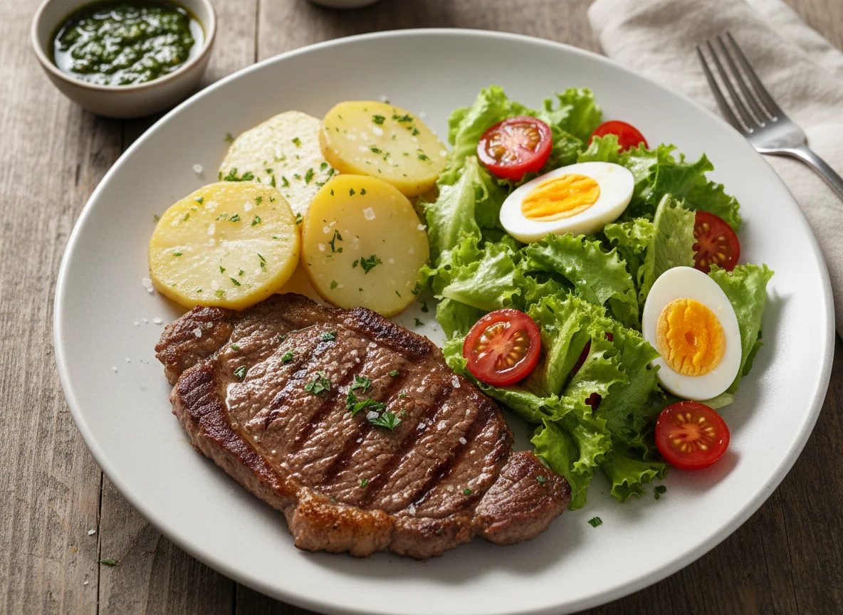 Bistec con papas y ensalada photo