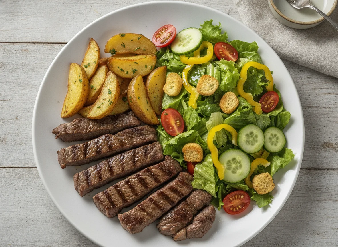 Bistec con papas y ensalada mixta photo