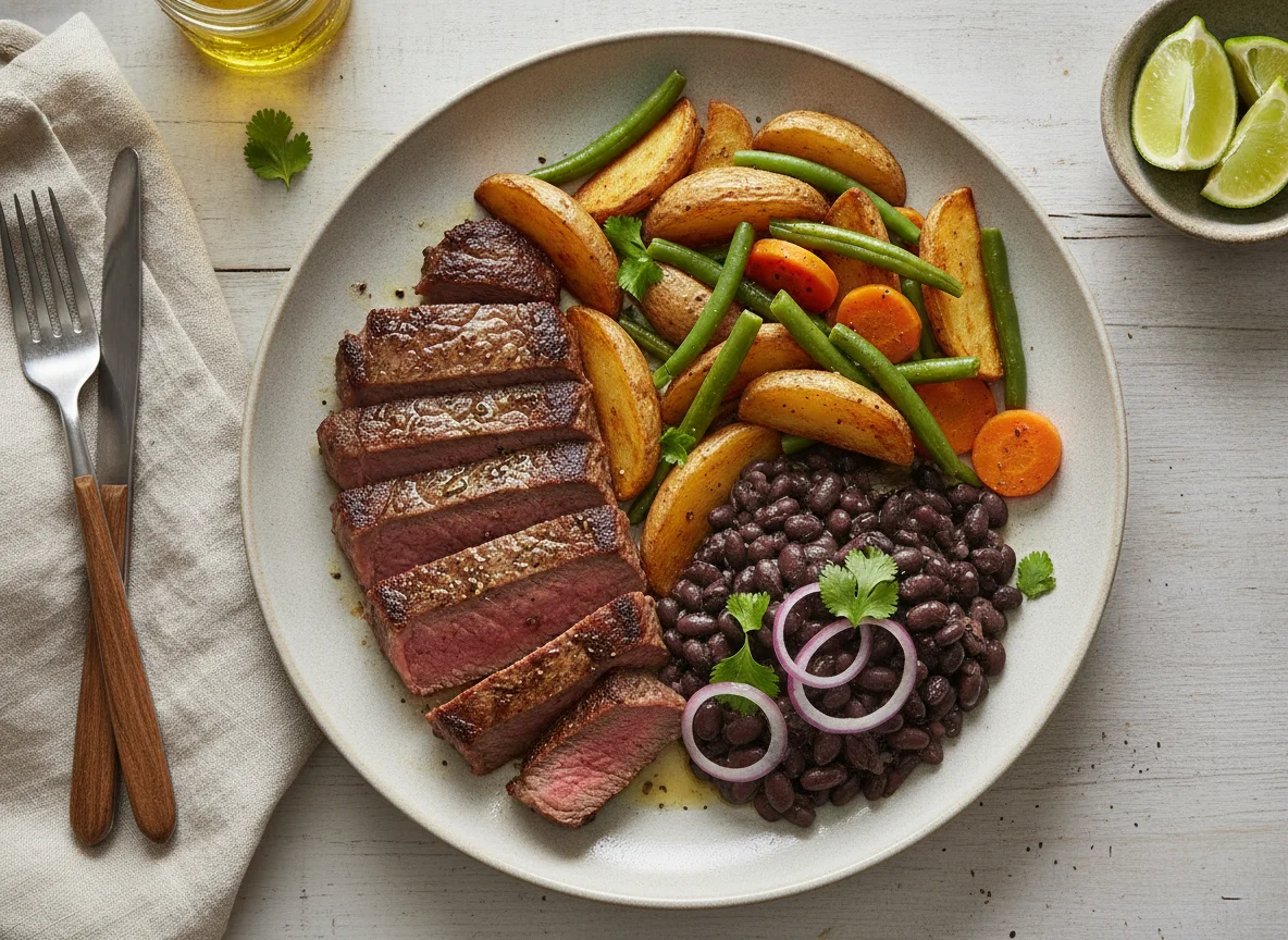 Bistec con papas y frijoles negros photo