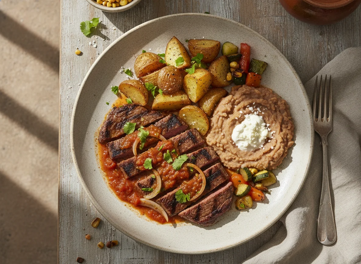 Bistec con papas y frijoles refritos photo