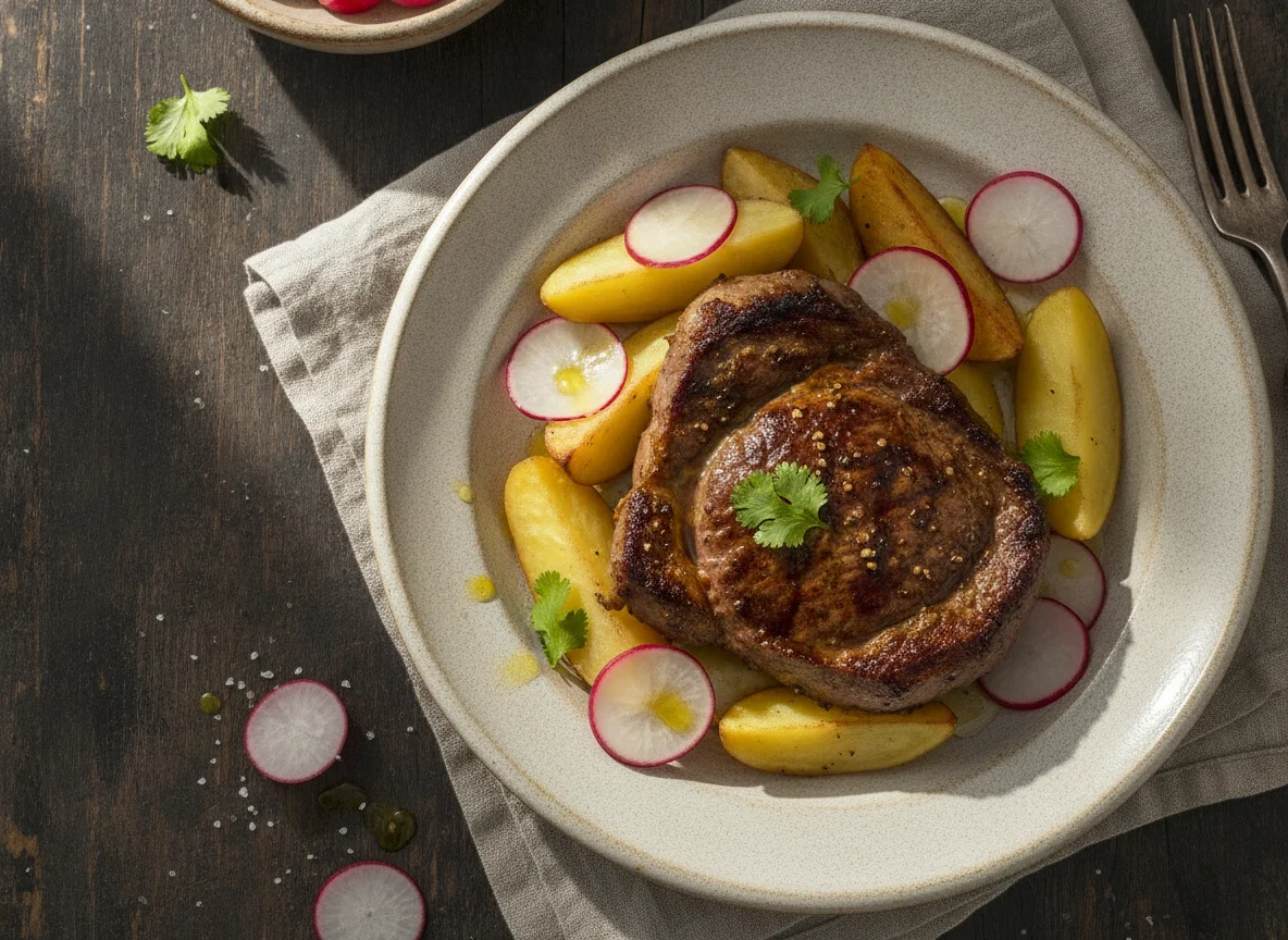 Bistec con papas y rabanitos photo