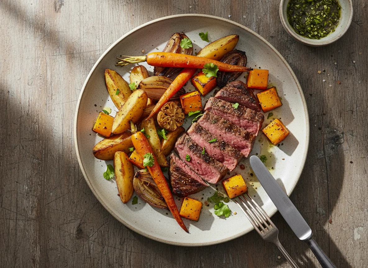 Bistec con papas y vegetales asados photo