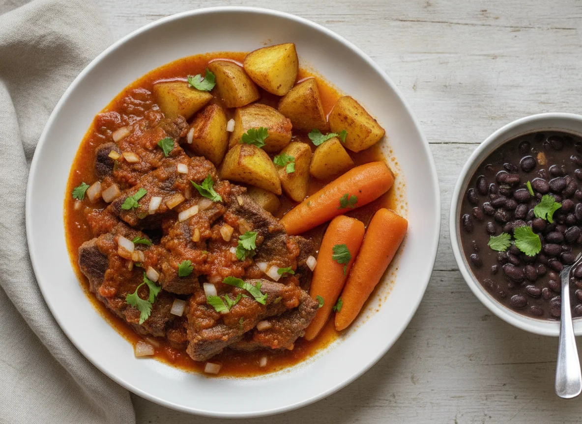 Bistec con papas y zanahorias en salsa roja acompañado de frijoles negros photo