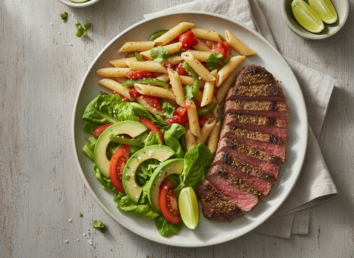 Bistec con pasta y ensalada mixta photo