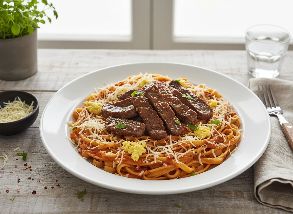 Bistec con pasta y queso photo