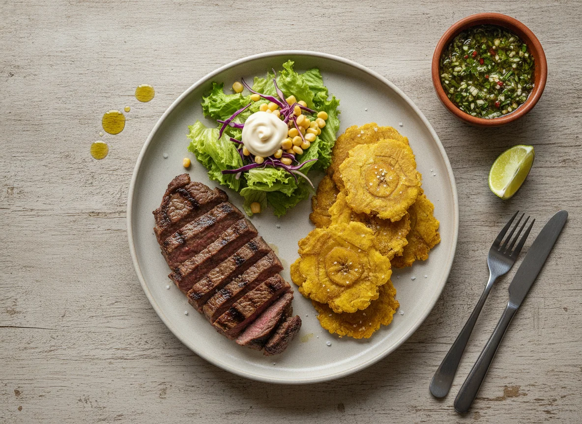 Bistec con patacones y ensalada photo
