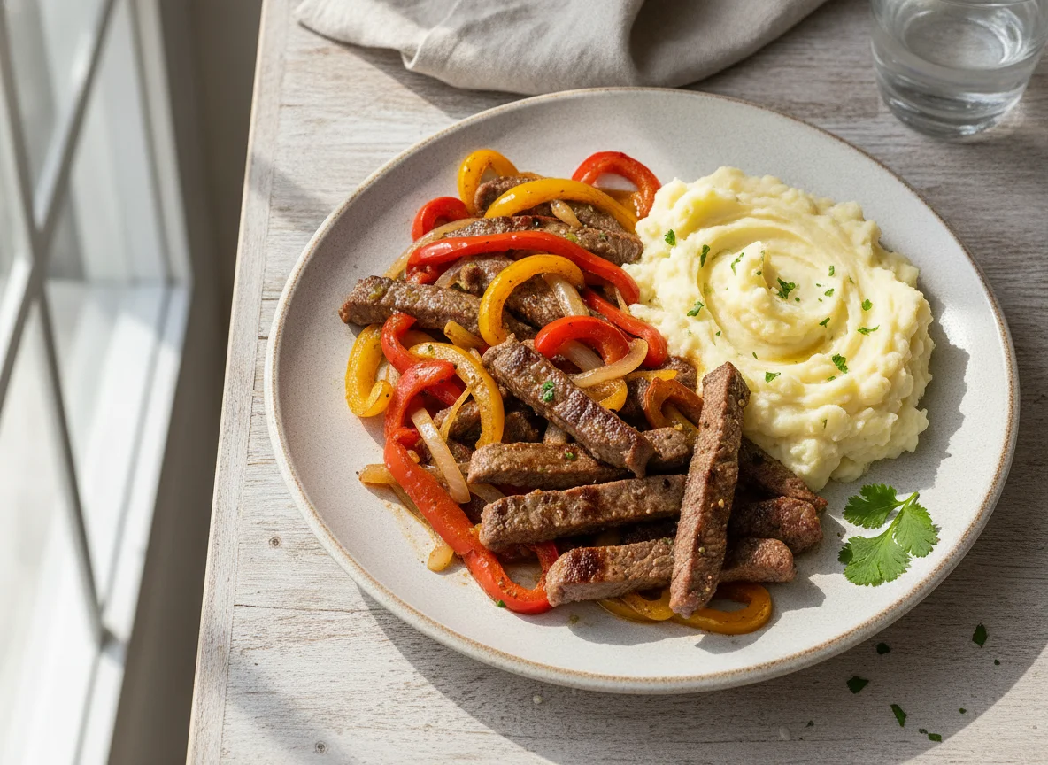 Bistec con pimientos y puré de papa photo