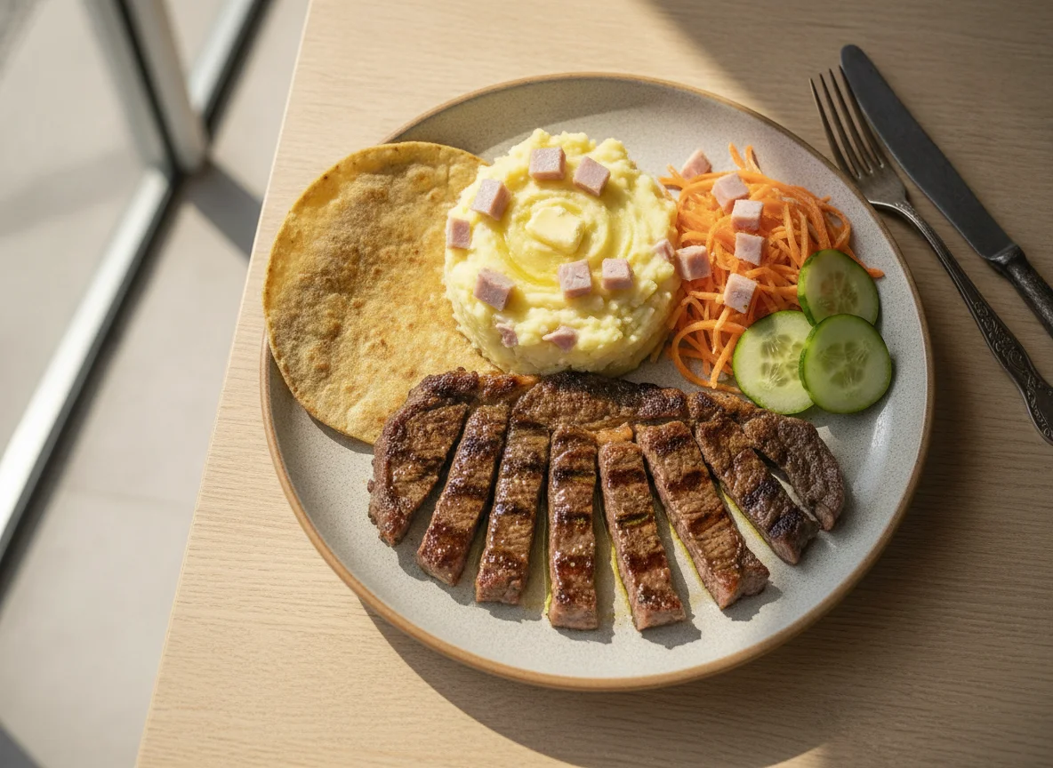 Bistec con puré de papa con jamón y ensalada photo