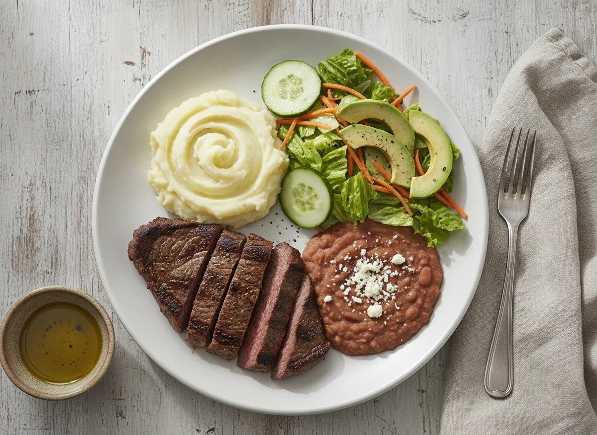 Bistec con puré de papa, frijoles y ensalada photo