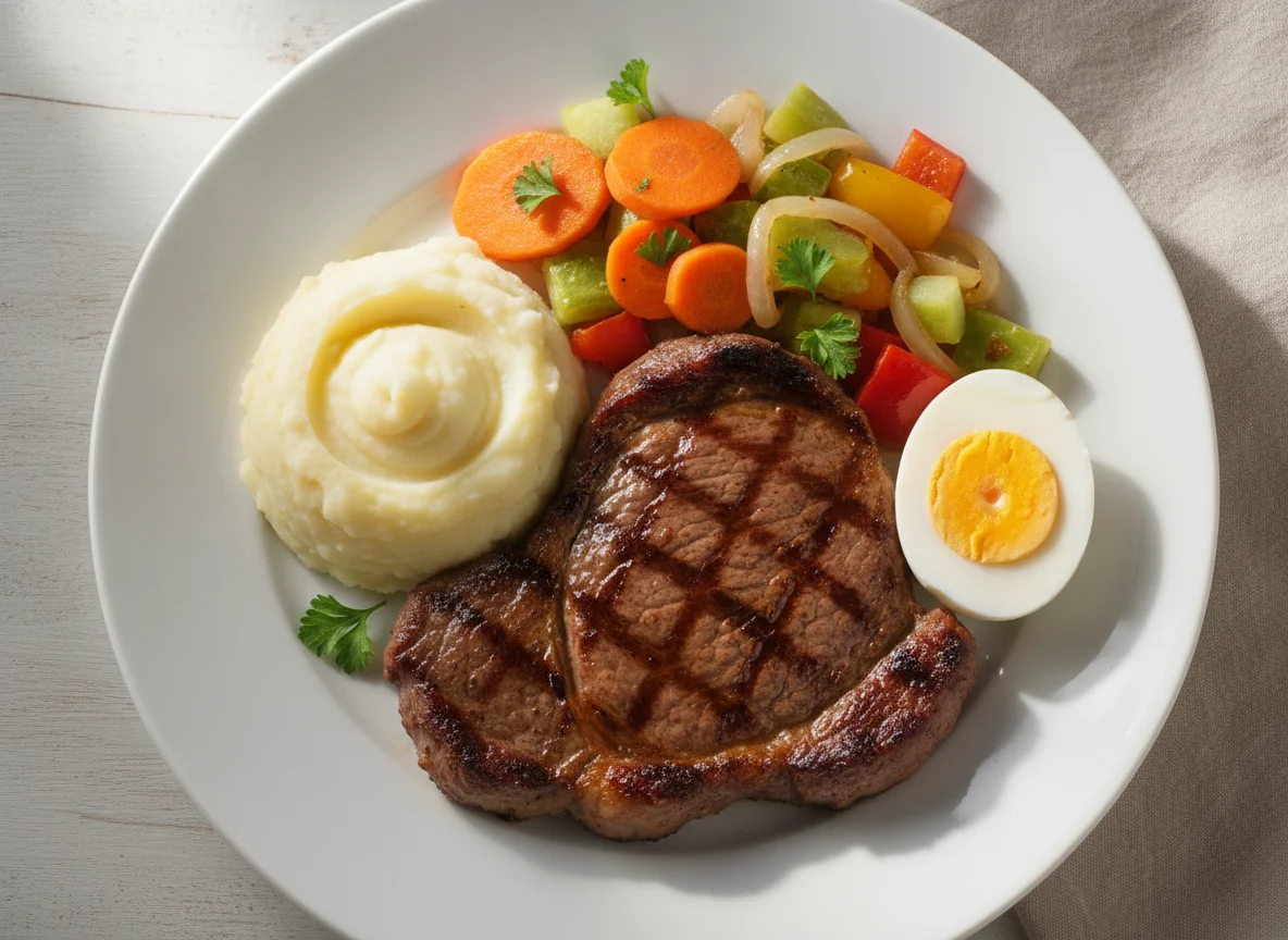 Bistec con puré de papa, huevo duro y vegetales salteados photo
