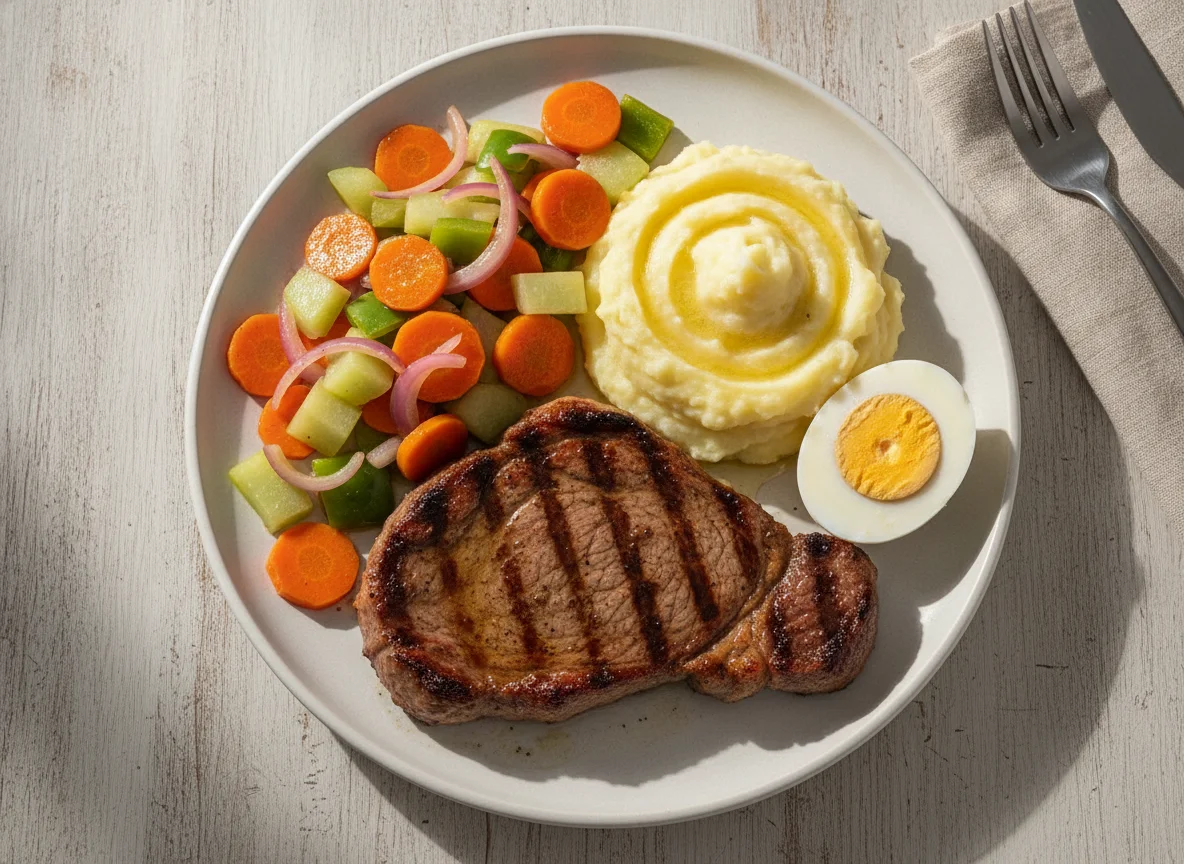 Bistec con puré de papa, vegetales salteados y huevo duro photo