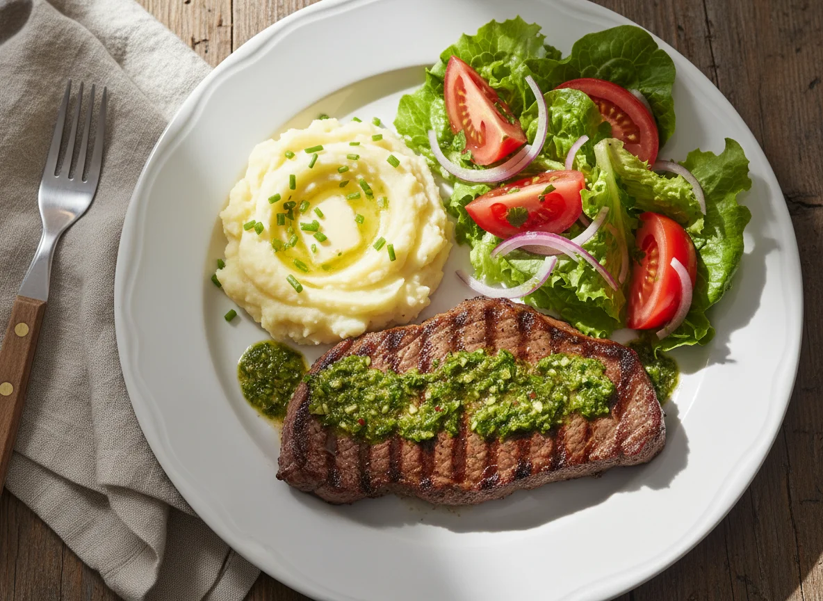 Bistec con puré de papa y ensalada photo