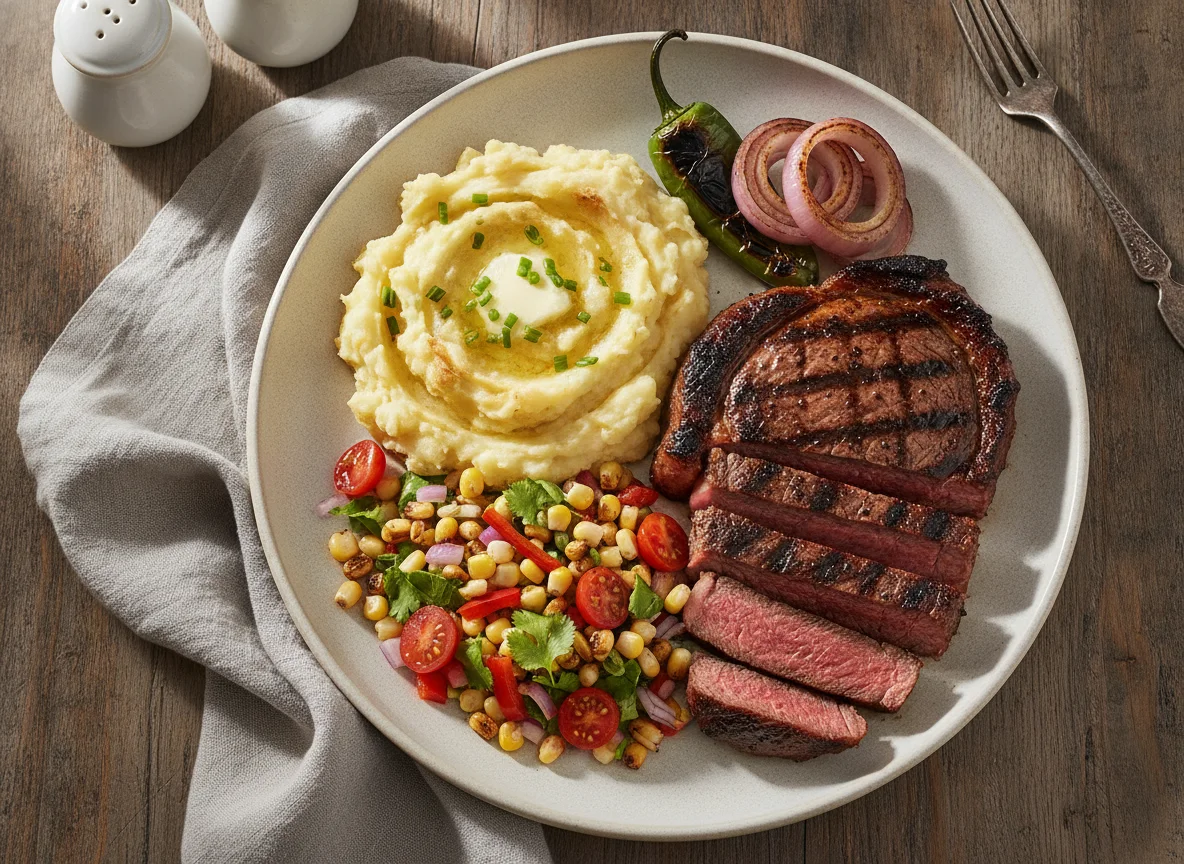 Bistec con puré de papa y ensalada de elote photo