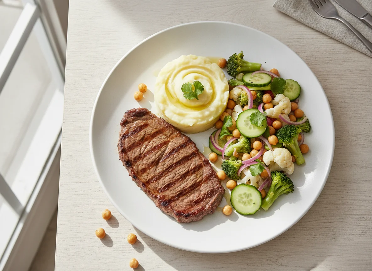 Bistec con puré de papa y ensalada mixta photo