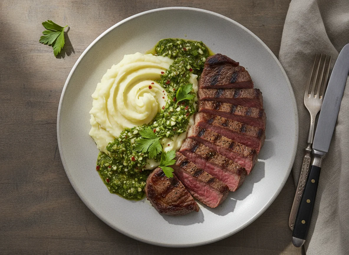 Bistec con puré de papa y salsa chimichurri photo