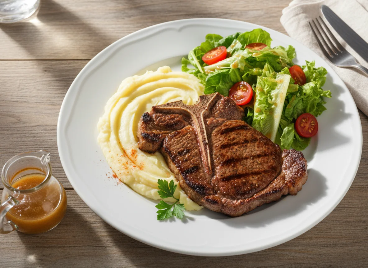 Bistec con puré de papas y ensalada photo