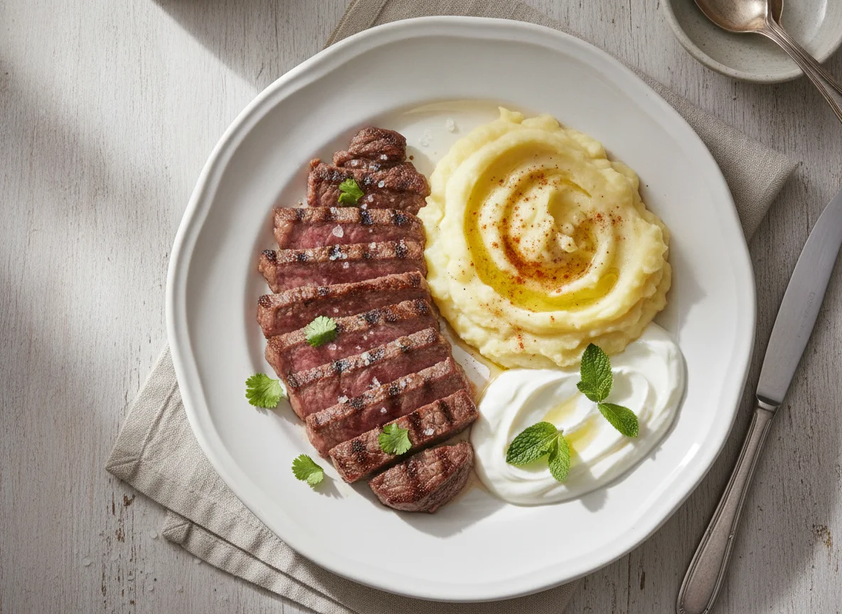 Bistec con puré de papas y yogur photo