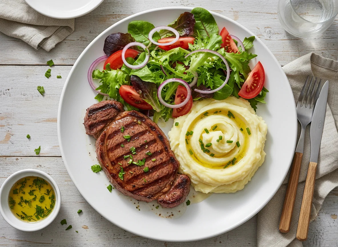 Bistec con puré de patatas y ensalada photo