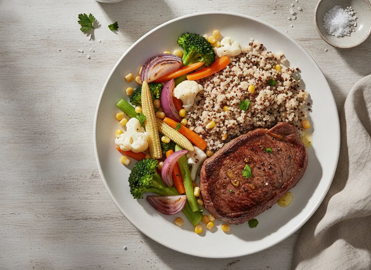 Bistec con quinoa y verduras al vapor photo