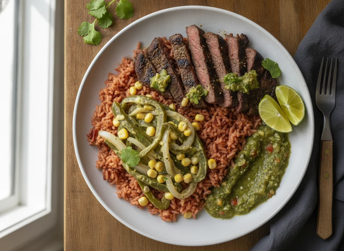 Bistec con rajas, arroz rojo y salsa verde photo