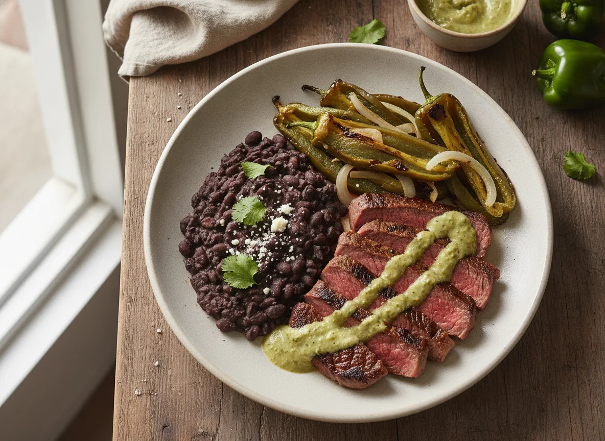 Bistec con rajas y frijoles refritos photo
