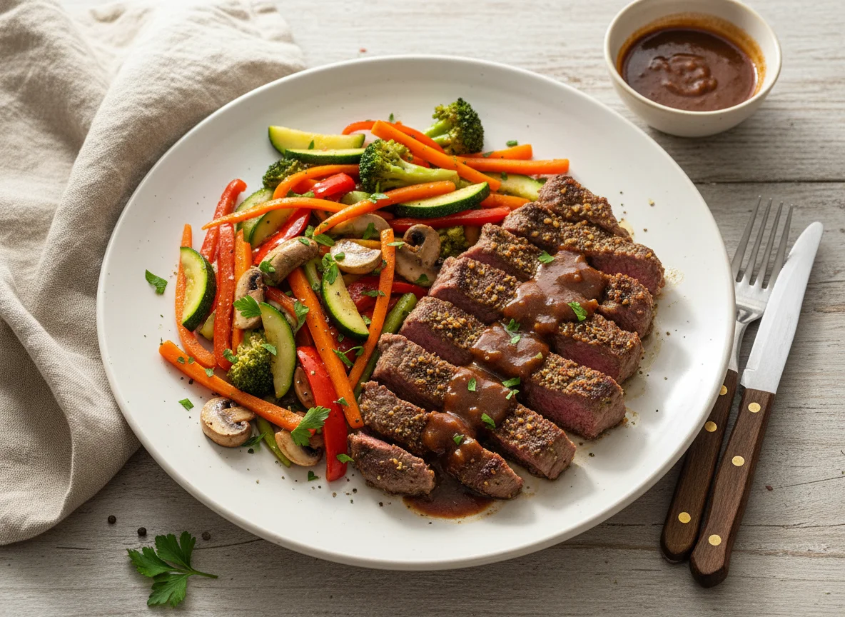 Bistec con salteado de verduras photo