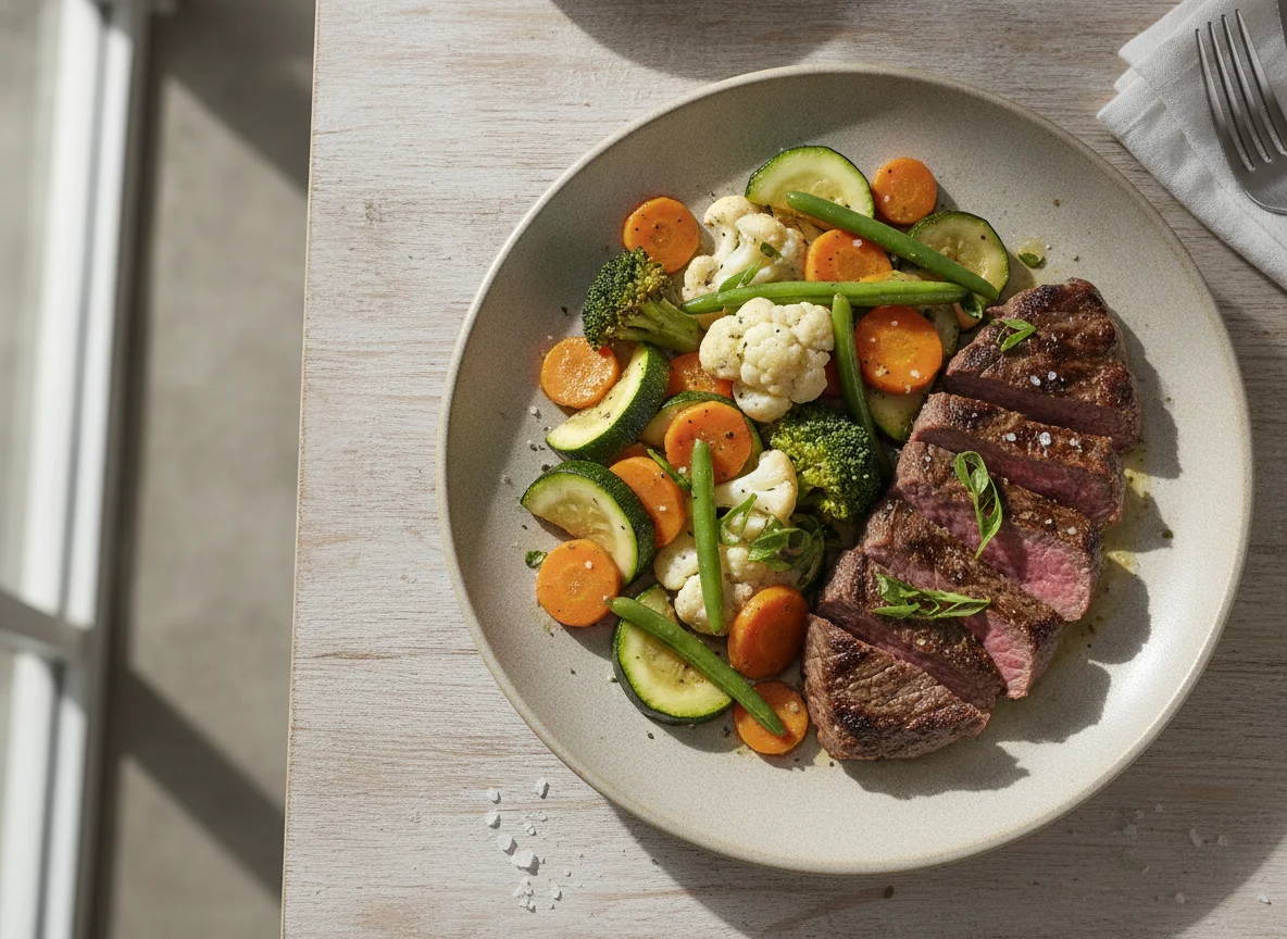 Bistec con vegetales salteados photo
