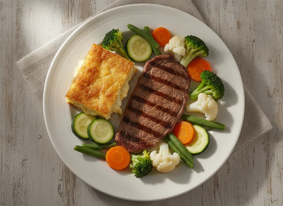 Bistec con vegetales y pastel de yuca photo
