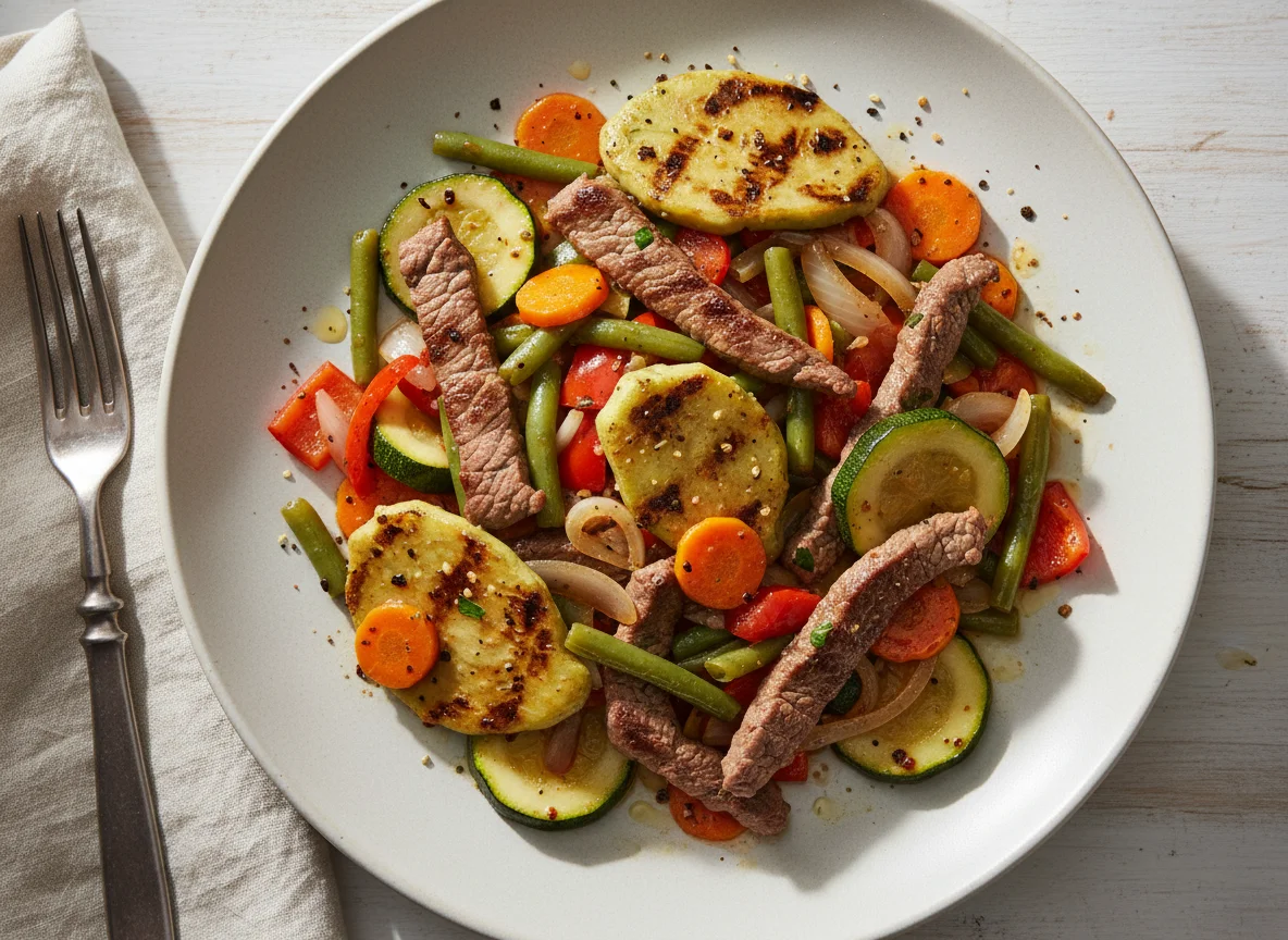 Bistec con verduras salteadas y nopal photo