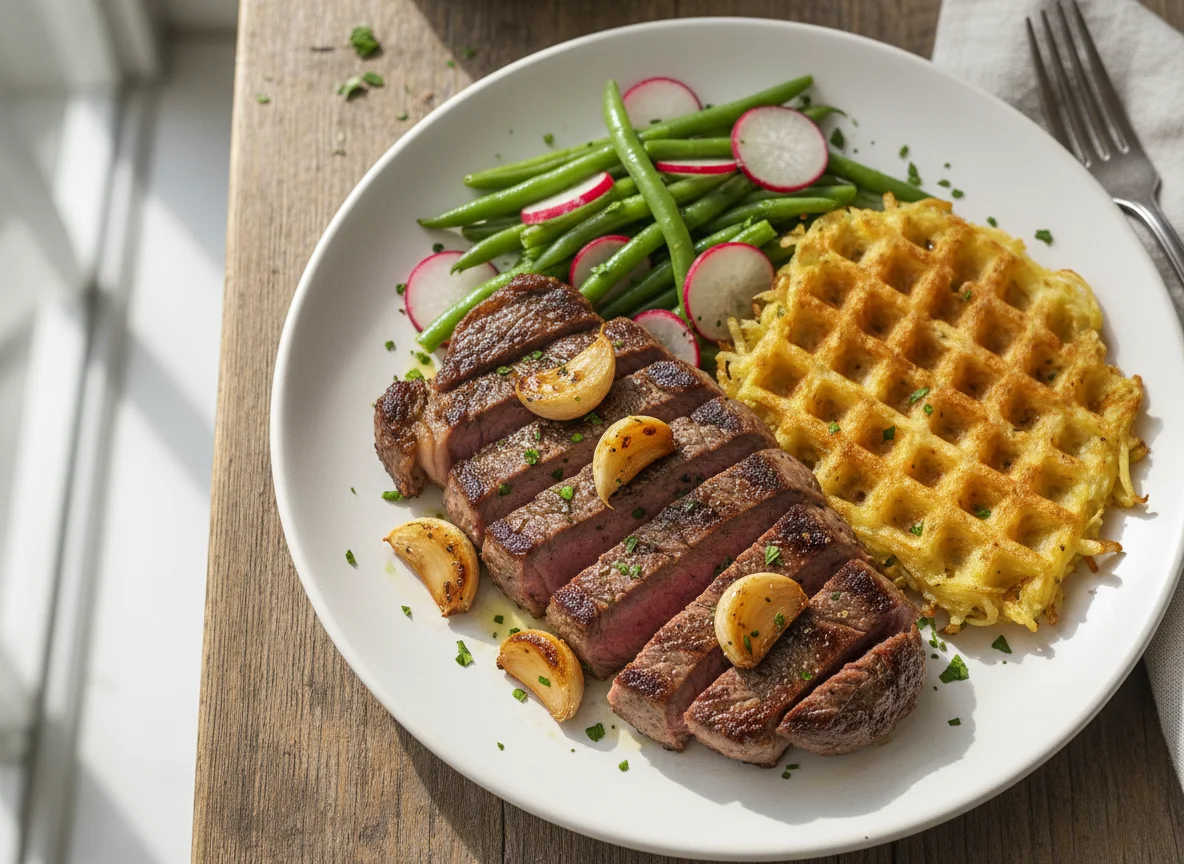Bistec con verduras y waffle de papa photo