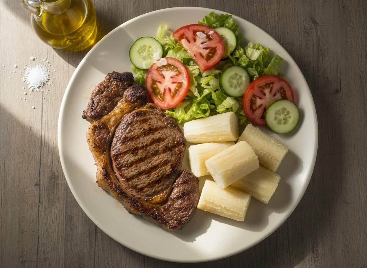 Bistec con yuca y ensalada photo