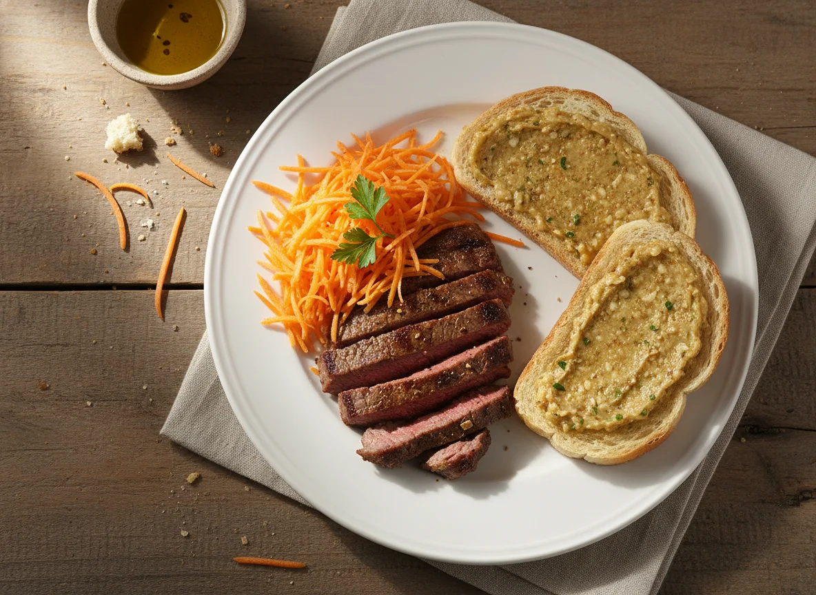 Bistec con zanahoria rallada y pan con pasta de ajo photo
