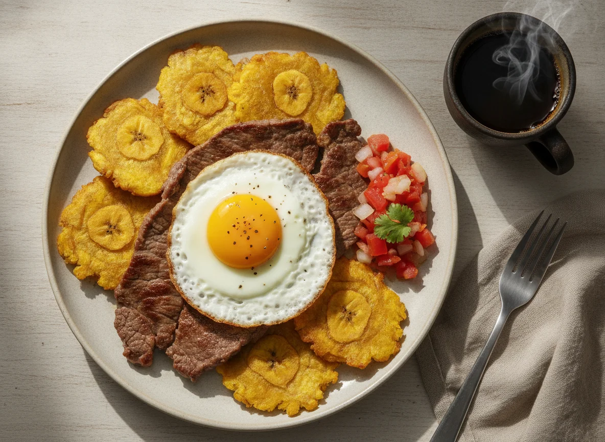 Bistec de carne con patacones y huevo frito photo