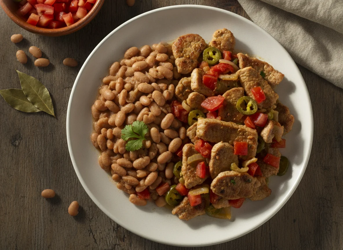 Bistec de cerdo a la mexicana con frijoles de la olla photo