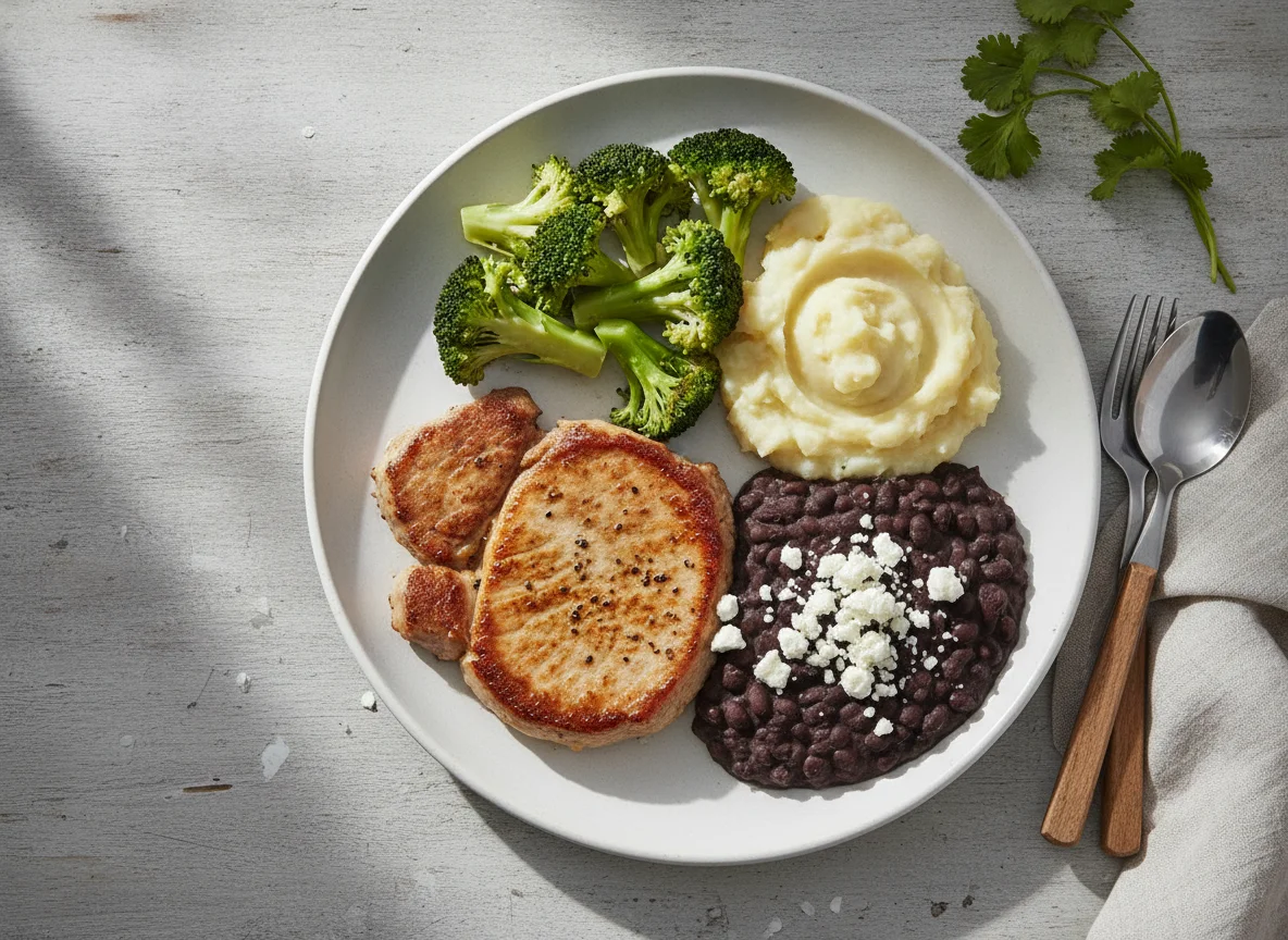 Bistec de cerdo con brócoli, puré de papa y frijoles photo