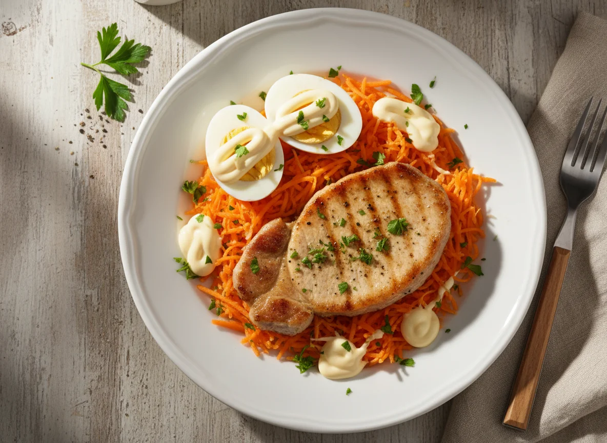 Bistec de cerdo con ensalada de zanahoria y huevo photo