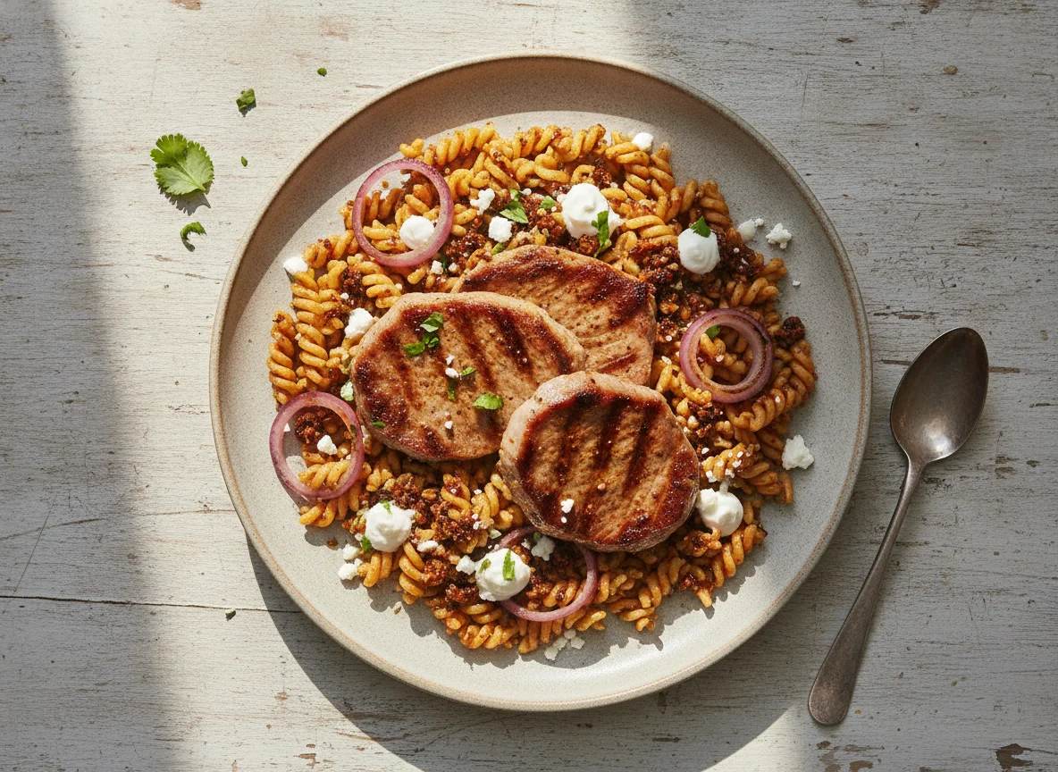 Bistec de cerdo con fideo seco y salsa macha photo
