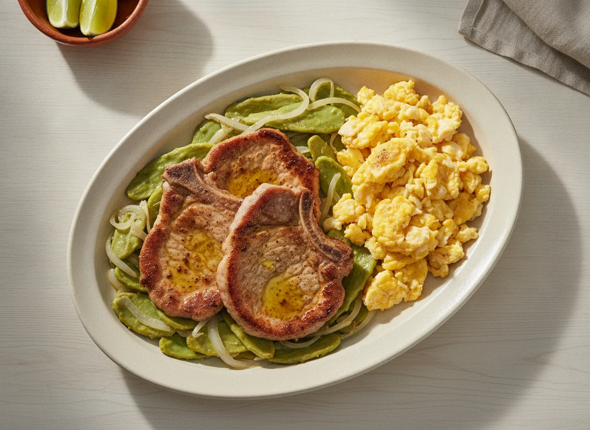 Bistec de cerdo con nopales y huevo photo